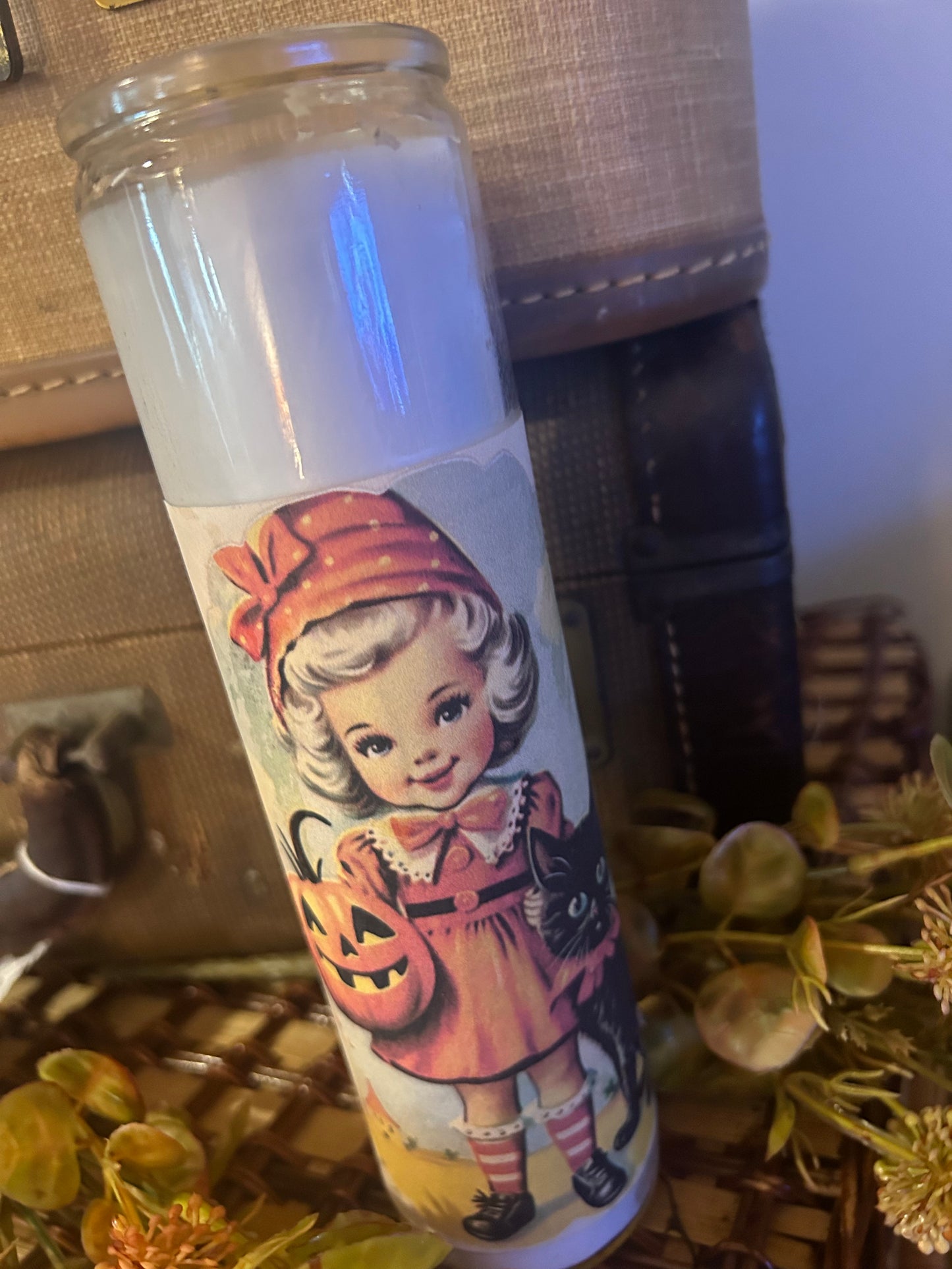 Sweet Girl with pumpkin and cat Candle