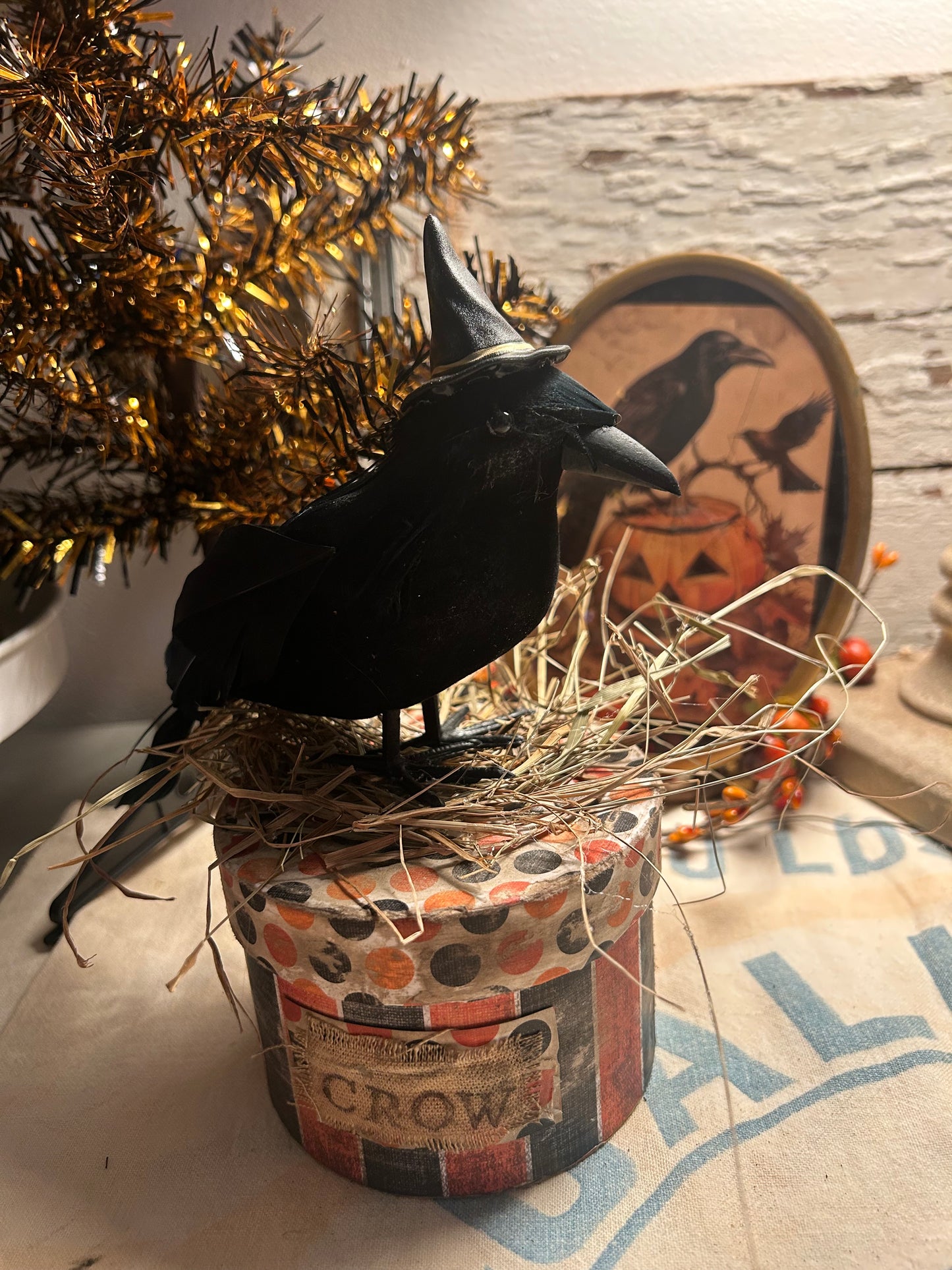 Primitive Witch Edgar Allen Crow on Distressed Covered Box