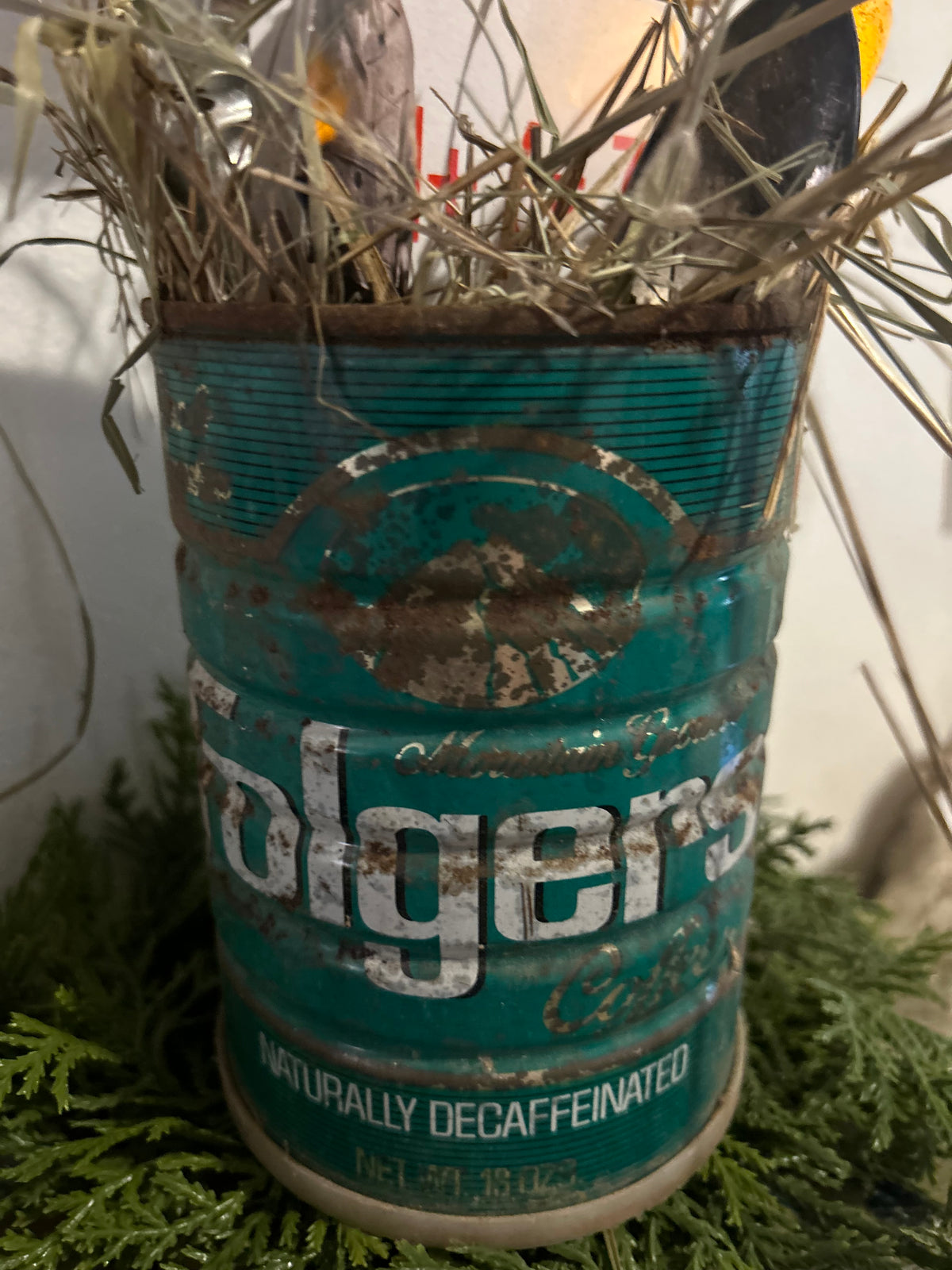 Vintage Green Folgers Coffee Tin Gathering Vignette Primitive OOAK
