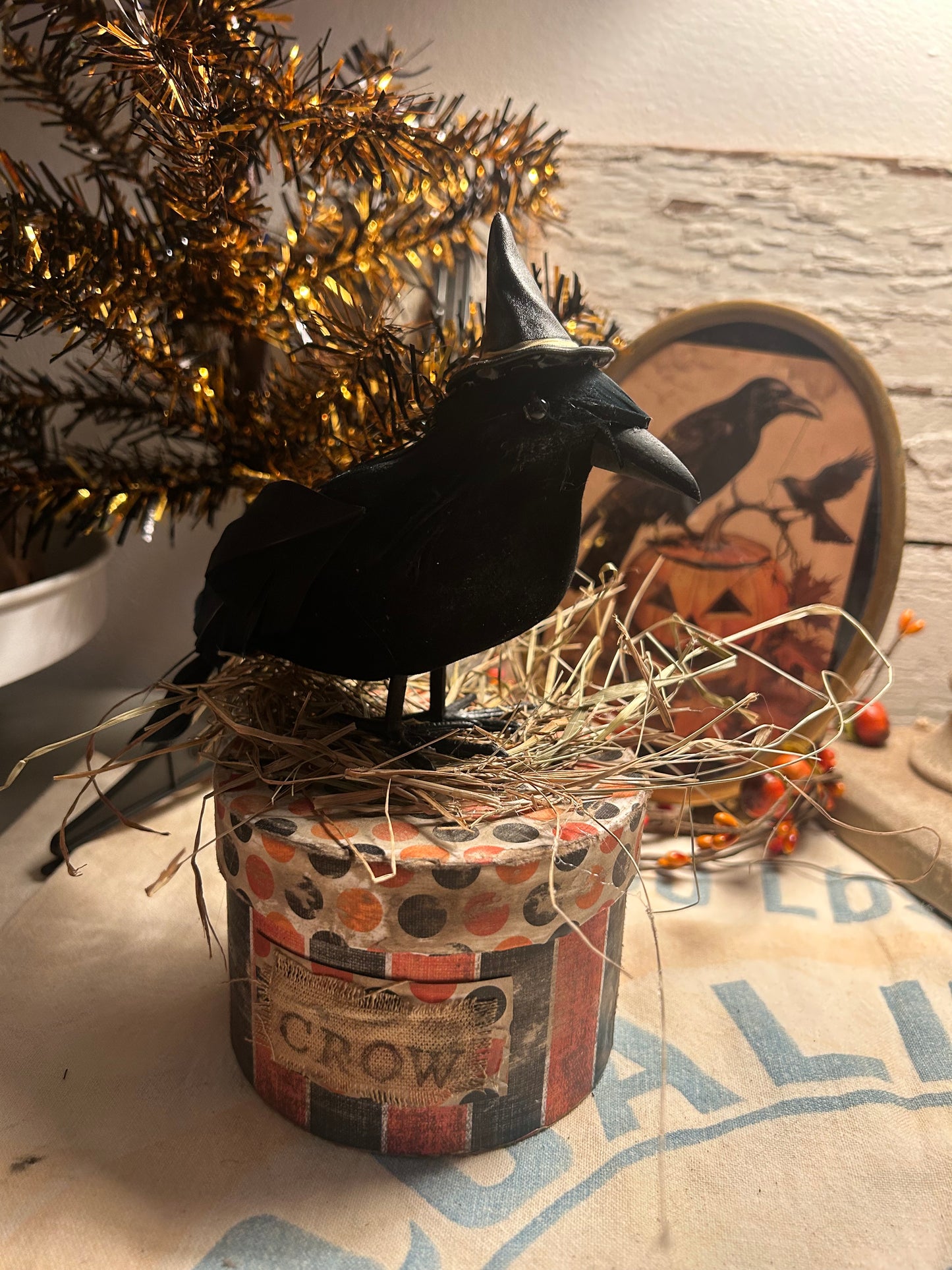 Primitive Witch Edgar Allen Crow on Distressed Covered Box