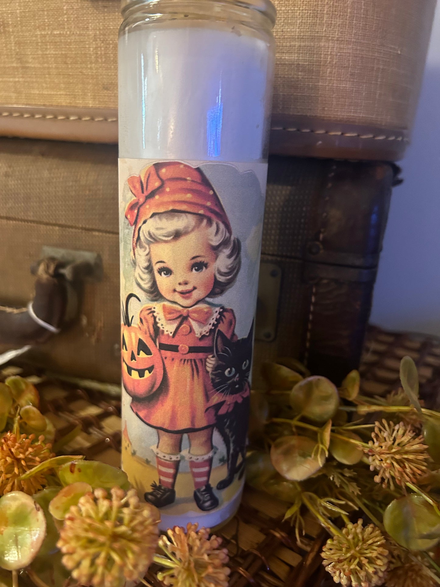 Sweet Girl with pumpkin and cat Candle