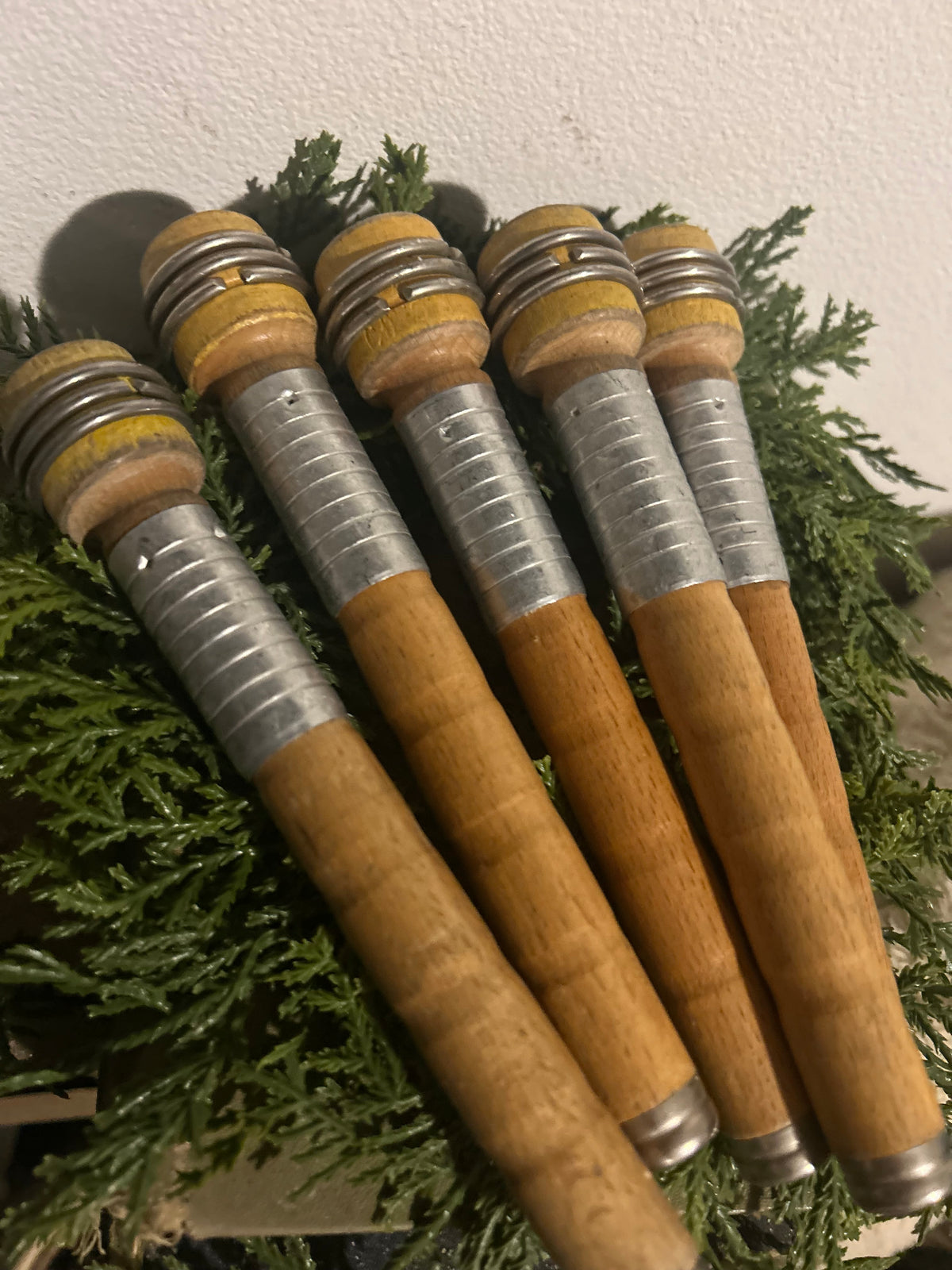 Set of 5 Yellow Vintage Wooden Bobbins