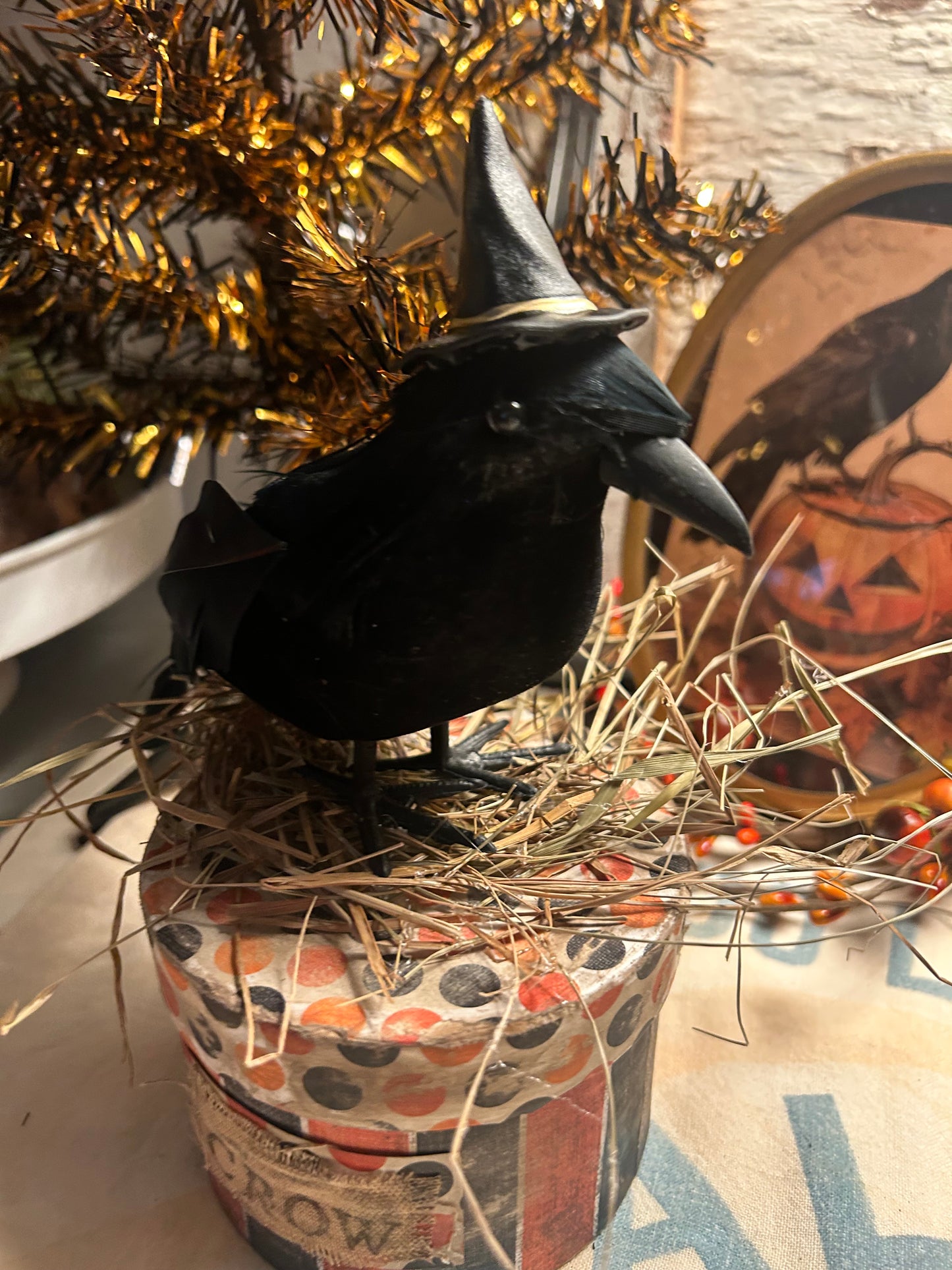 Primitive Witch Edgar Allen Crow on Distressed Covered Box