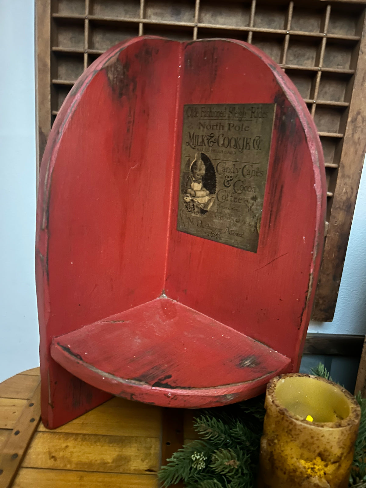 Primitive Farmhouse Distressed Corner Cabinet Shelf-Red North Pole Milk & Cookies