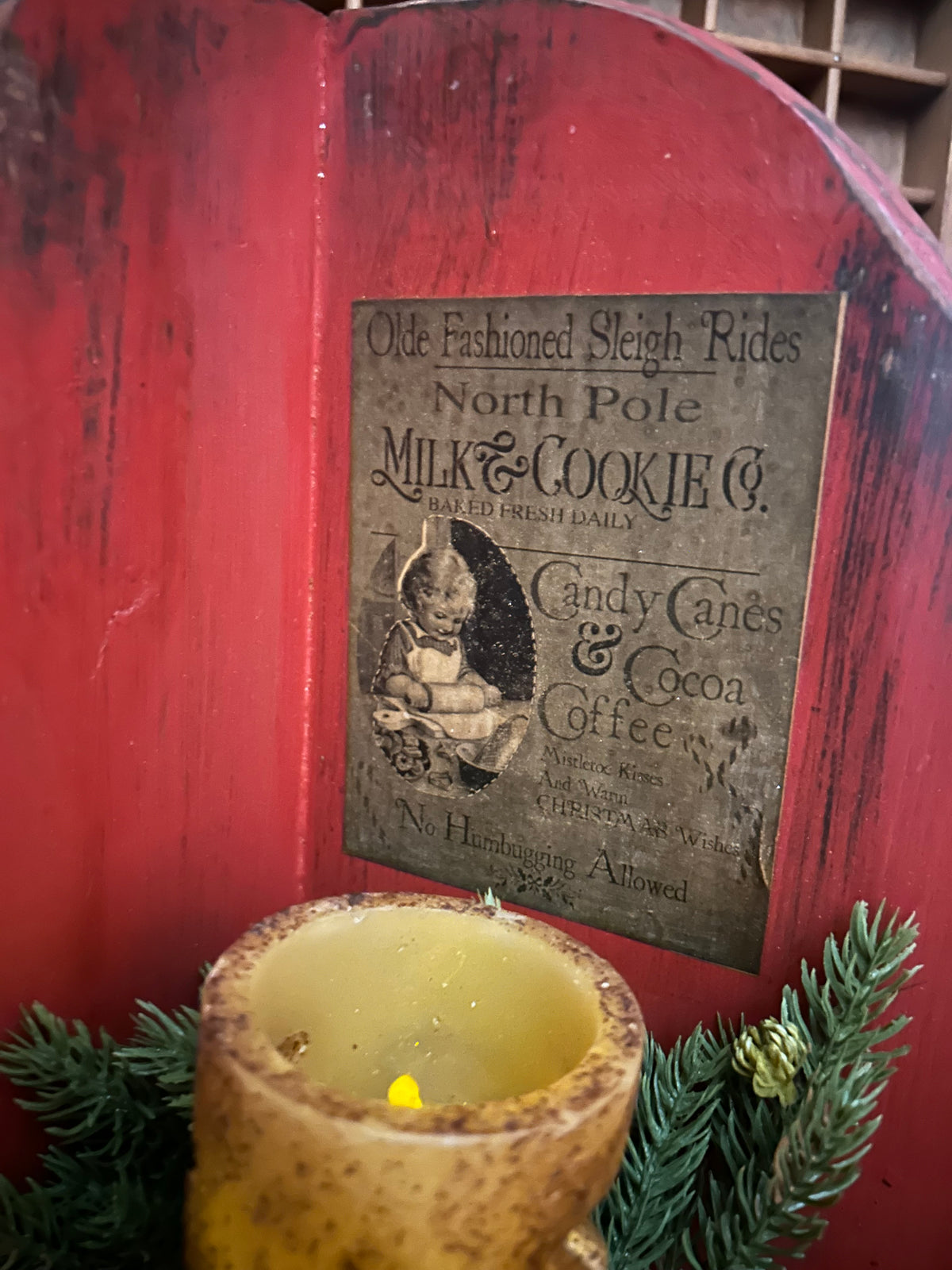 Primitive Farmhouse Distressed Corner Cabinet Shelf-Red North Pole Milk & Cookies