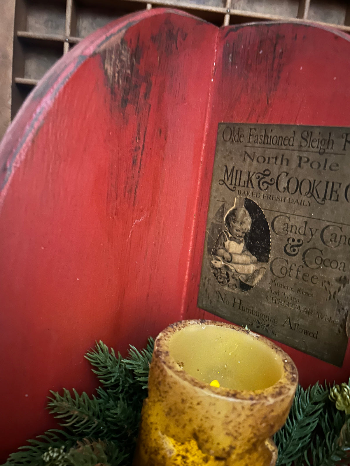 Primitive Farmhouse Distressed Corner Cabinet Shelf-Red North Pole Milk & Cookies