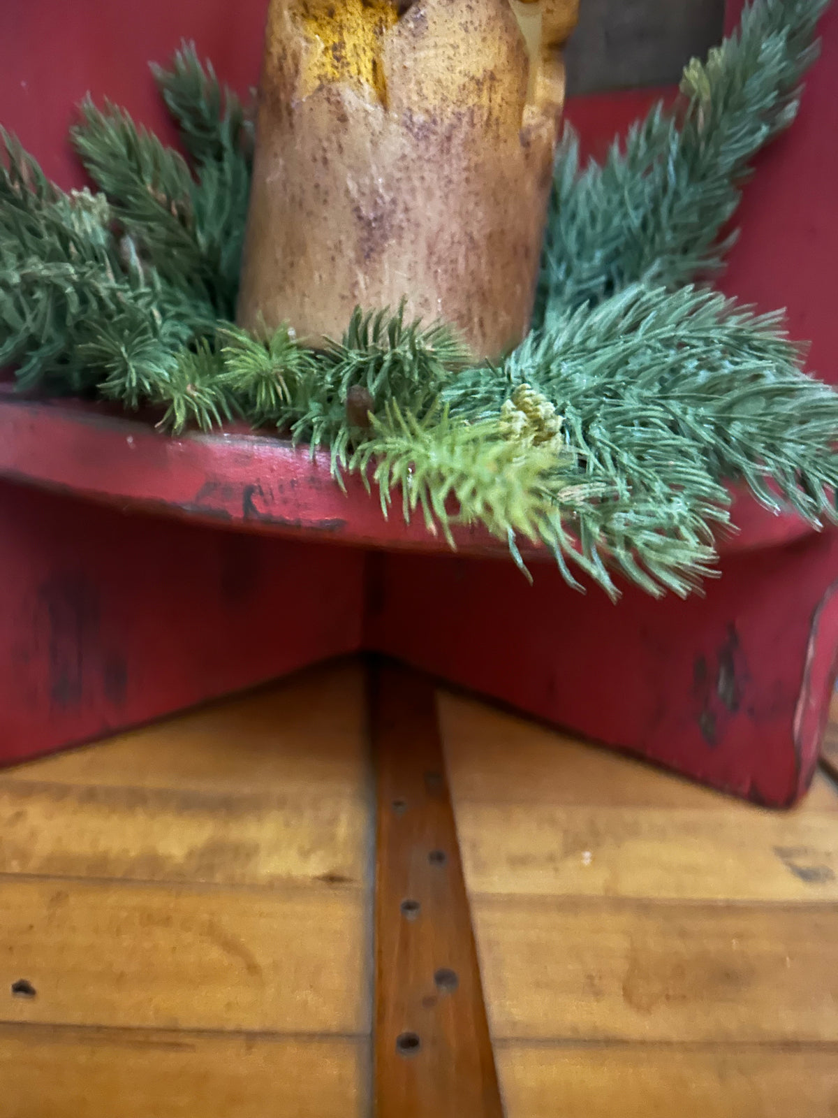 Primitive Farmhouse Distressed Corner Cabinet Shelf-Red North Pole Milk & Cookies
