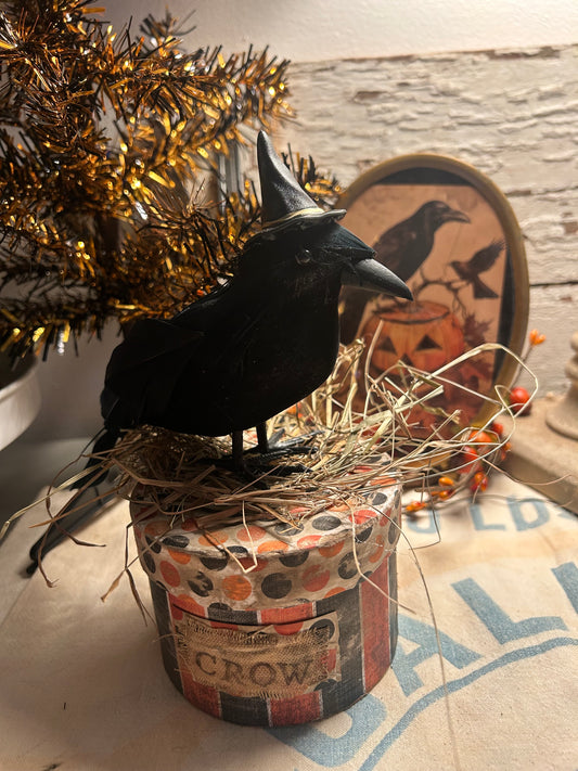 Primitive Witch Edgar Allen Crow on Distressed Covered Box