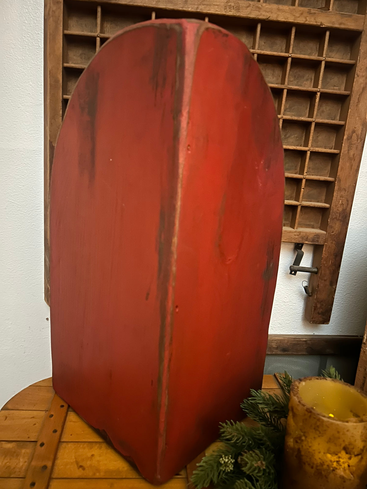 Primitive Farmhouse Distressed Corner Cabinet Shelf-Red North Pole Milk & Cookies