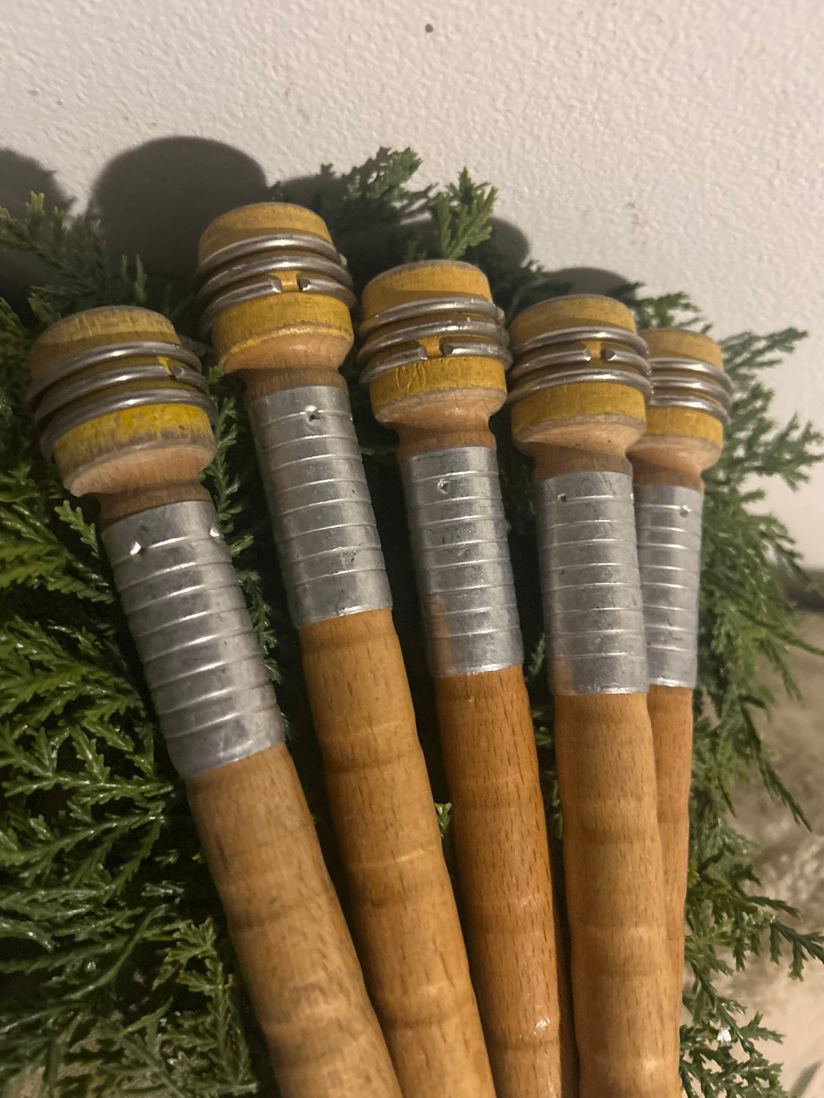 Set of 5 Yellow Vintage Wooden Bobbins