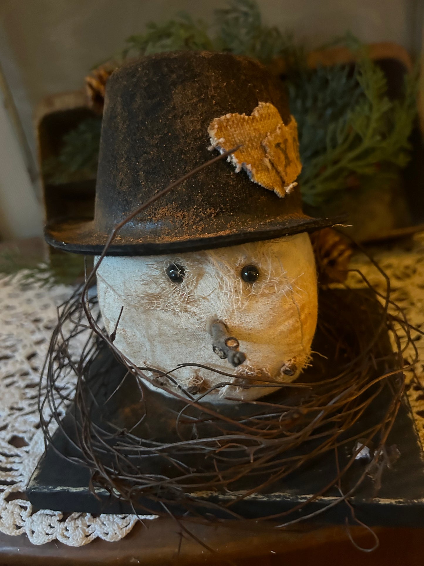 Primitive Handmade Snowman sitter head