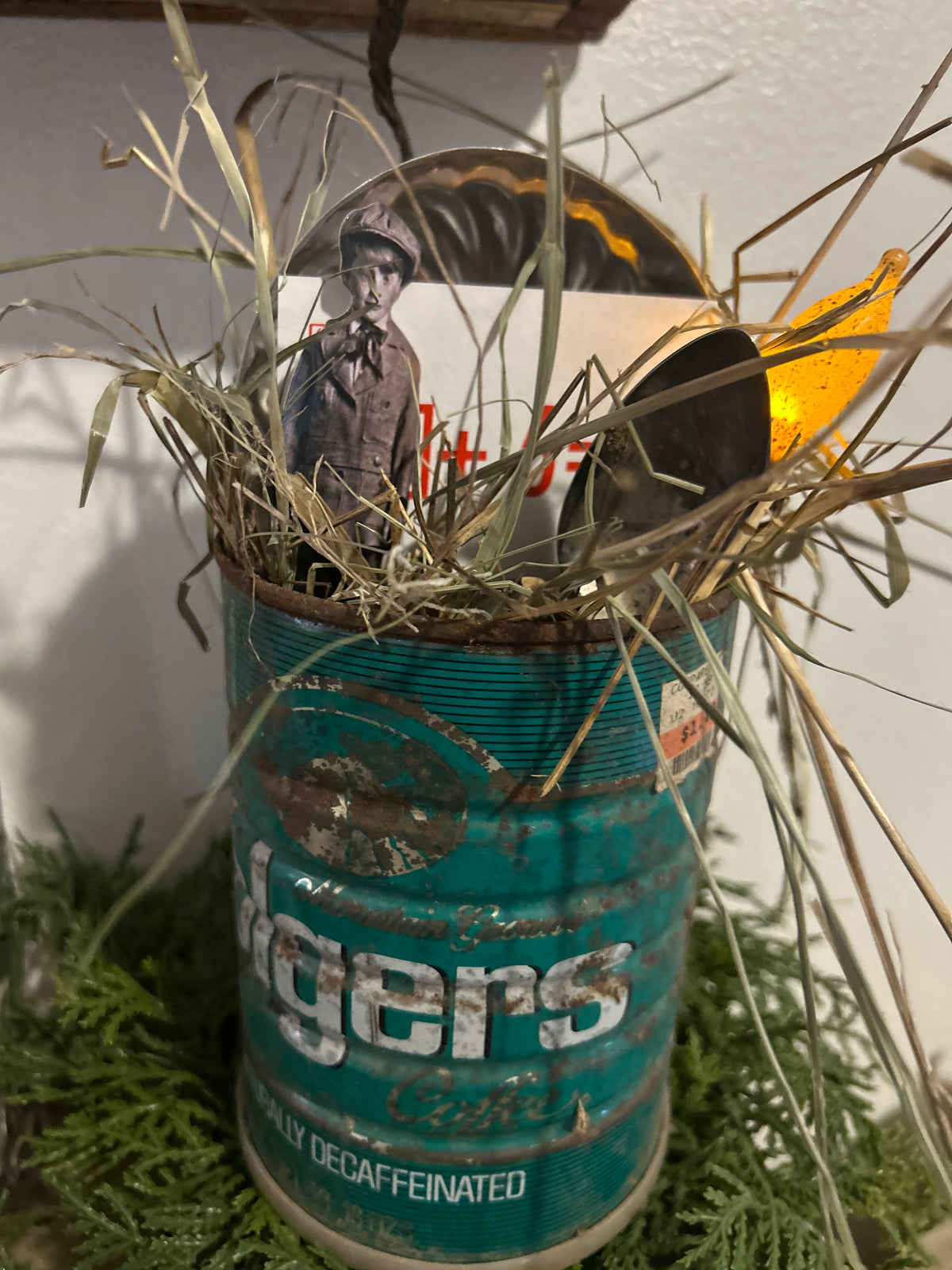 Vintage Green Folgers Coffee Tin Gathering Vignette Primitive OOAK