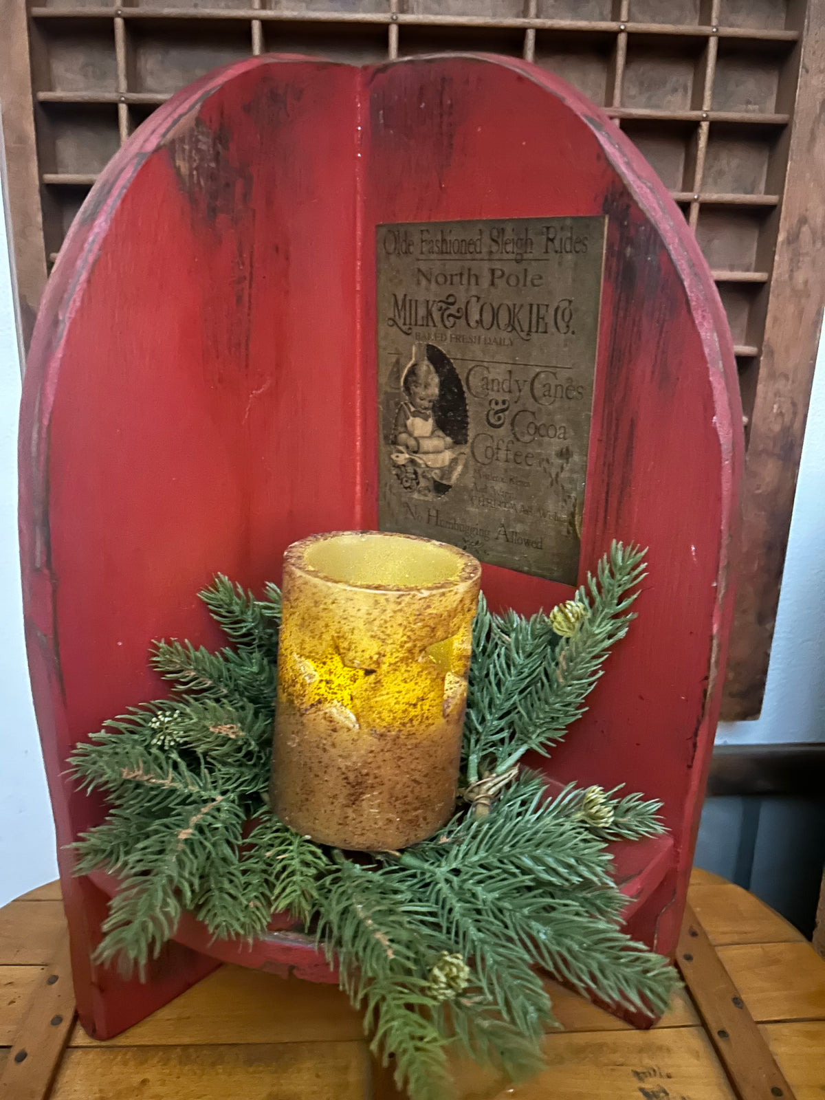 Primitive Farmhouse Distressed Corner Cabinet Shelf-Red North Pole Milk & Cookies