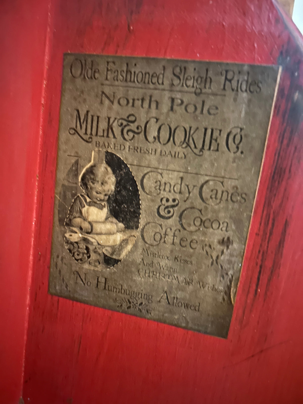 Primitive Farmhouse Distressed Corner Cabinet Shelf-Red North Pole Milk & Cookies